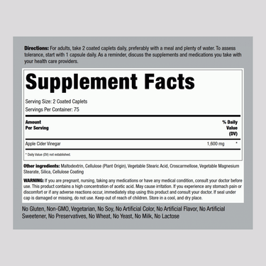 Supplement Facts label showing Apple Cider Vinegar 1600 mg with 150 tablets in total.