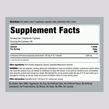 Echinacea, 1300 mg (per serving), 180 Vegetarian Capsules