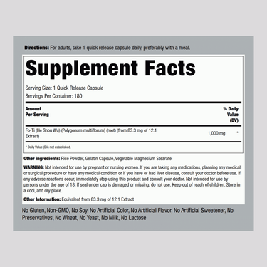 Fo-Ti Root He-Shou-Wu, 1000 mg, 180 Quick Release Capsules
