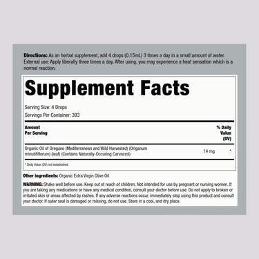 Supplement Facts for Oil of Oregano Liquid 2 OZ, Organic, suitable for use for up to 1.9 years.