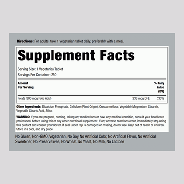 Folic Acid, 800 mcg, 250 Tablets