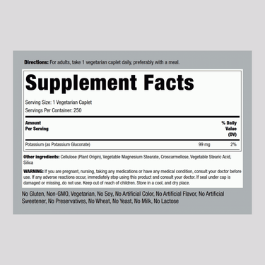 Chelated Potassium (Gluconate), 99 mg, 250 Vegetarian Caplets