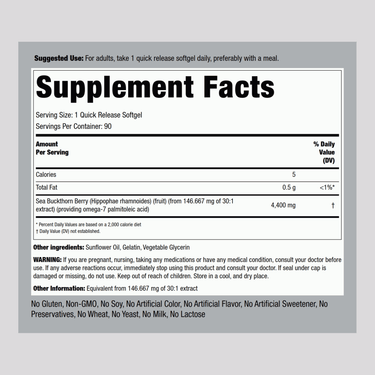 Sea Buckthorn Oil with Omega-7, 4400 mg, 90 Quick Release Softgels