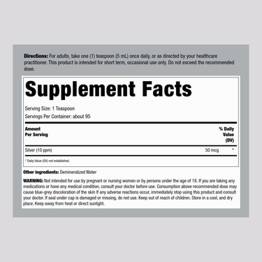 Supplement Facts label for Colloidal Silver Liquid 16 fl oz.