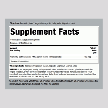 Supplement Facts for Vegetarian K2 MK7 100 mcg, showing two 50 mcg servings and 180 vegetarian capsules.