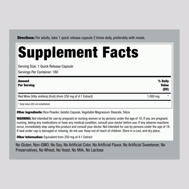 Red Wine Extract, 1000 mg, 180 Quick Release Capsules