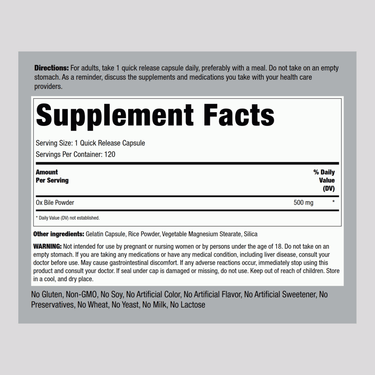 Ox Bile, 500 mg (per serving), 120 Quick Release Capsules