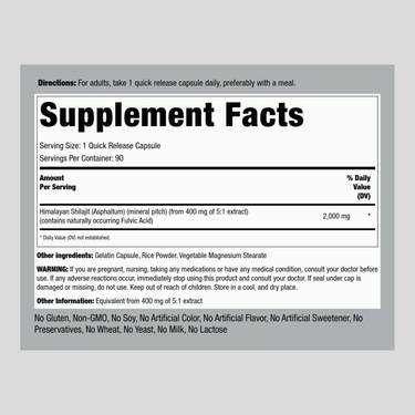 Supplement Facts panel detailing Shilajit 2000 mg Capsules, with 90 capsules per bottle.