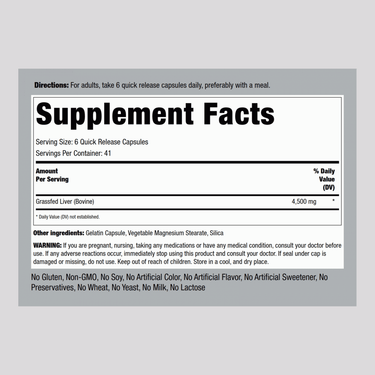 Grass Fed Beef Liver, 4500 mg (per serving), 250 Quick Release Capsules