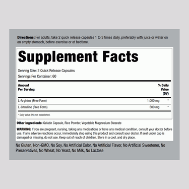 L-Arginine 1000 mg  & Citrulline 500 mg, 1000/500 mg, 120 Quick Release Capsules