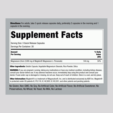 Supplement Facts panel displaying details for Magtein Magnesium L-Threonate 90 capsules.