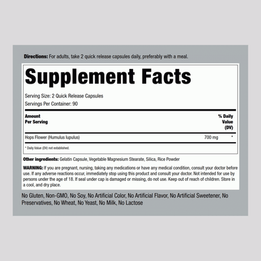 Supplement Facts for Hops Capsules, bottle of 180.