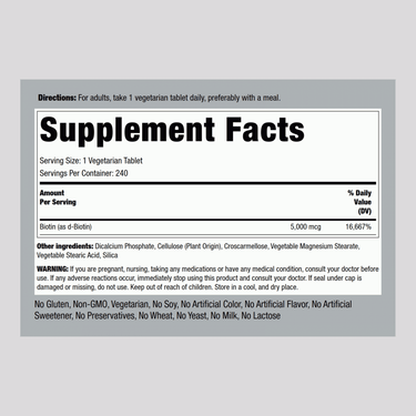 Supplement Facts label for Biotin 5000 mcg in a bottle of 240 tablets, detailing ingredients and nutritional information.