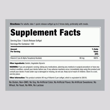 Vitamin E, 200 IU, 100 Quick Release Softgels