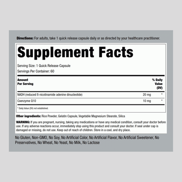 Image shows Supplement Facts panel for NADH 20 mg with 60 capsules.