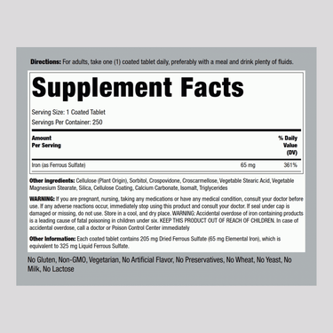 Iron Ferrous Sulfate, 65 mg, 250 Coated Tablets