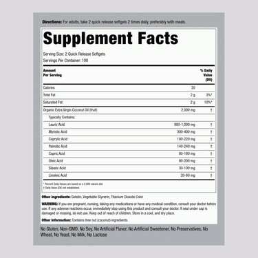 Coconut Oil (Extra Virgin), 2000 mg (per serving), 200 Quick Release Softgels