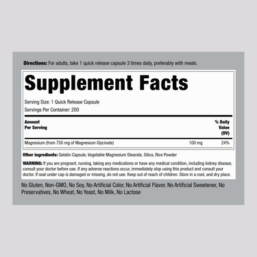 Magnesium Glycinate, 750 mg, 200 Quick Release Capsules