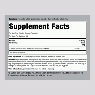 Grapefruit Seed, 500 mg (per serving), 120 Quick Release Capsules