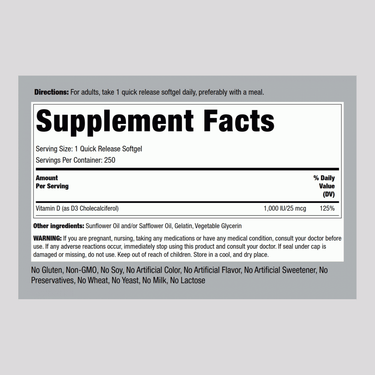 Supplement Facts for D3 1000 IU Softgels, showing 250 count.