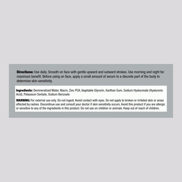 Supplement Facts panel for PIP Niacinamide and Zinc 2 oz Serum, detailing ingredients and nutritional information.