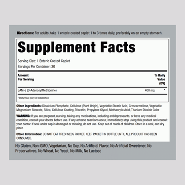 SAM-e Enteric Coated, 400 mg, 30 Enteric Coated Caplets