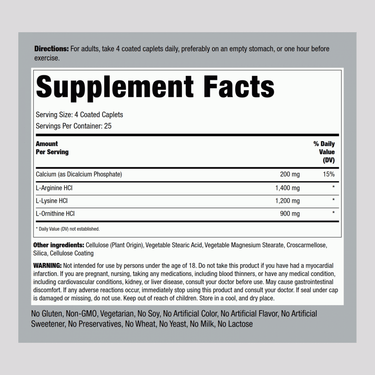 Tri Amino L-Arginine L-Ornithine L-Lysine, 100 Coated Caplets