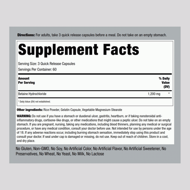 Betaine HCl, 1200 mg (per serving), 180 Quick Release Capsules