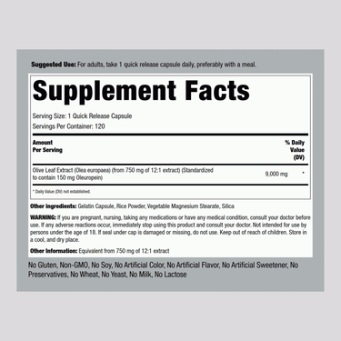 Image showing Supplement Facts for Olive Leaf 750 mg Capsules, 120 count.