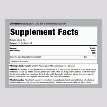 Supplement Facts panel for Green Tea Liquid Extract, 4 fl oz (118 mL), showing nutritional information.