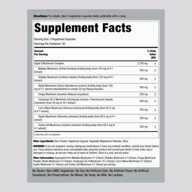 Supplement Facts panel for 8 Mushroom Extract Complex, containing 150 capsules in total.