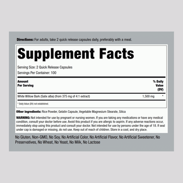 White Willow Bark, 1500 mg (per serving), 200 Quick Release Capsules