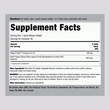 Supplement Facts panel displaying details for CoQ10 200 mg Softgels, containing 90 softgels per bottle.