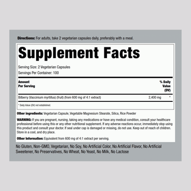 Bilberry Extract, 2400 mg (per serving), 200 Vegetarian Capsules