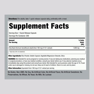 Holy Basil Tulsi, 1600 mg, 200 Quick Release Capsules