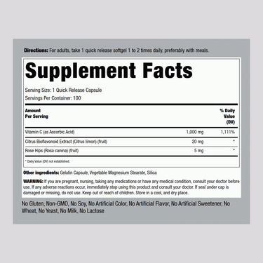 Supplement Facts panel for C 1000 mg with Bio and RH Capsules in a 100 count bottle.