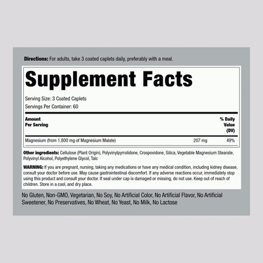 Magnesium Malate, 1800 mg (per serving), 180 Coated Caplets