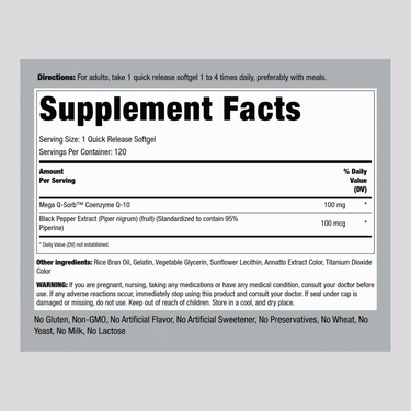 Supplement Facts panel for CoQ10 100mg with Black Pepper Extract, in a bottle of 120 softgels.