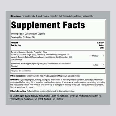 The Supplement Facts panel for Turmeric Complex 1000 mg Capsules, showing details for a 90-count bottle.