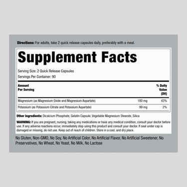 Potassium Magnesium Aspartate Complex, 99 mg/180 mg, 180 Quick Release Capsules
