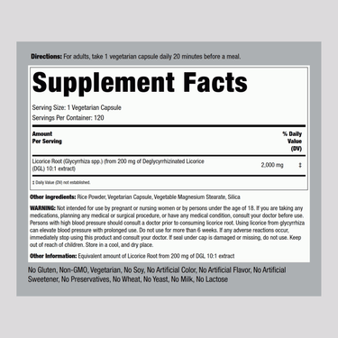 DGL Licorice Root Mega Potency (Deglycyrrhizinated), 2000 mg, 120 Capsules