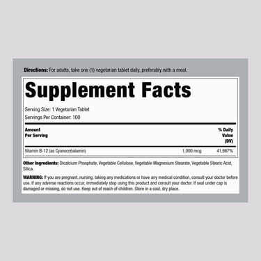 Supplement Facts panel for LN B-12 1000 mcg TR 100 Tablets, listing ingredients, serving size, and nutritional information.