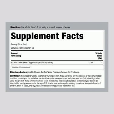Supplement Facts panel for St. John's Wort Liquid Extract, 4 fl oz (118 mL) bottle.