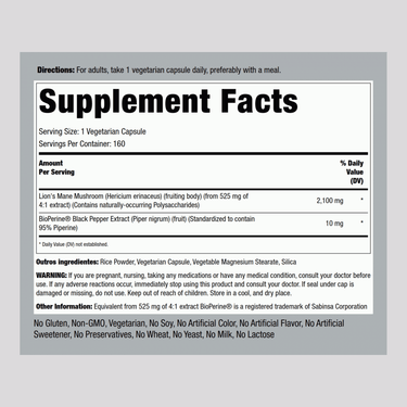 Supplement Facts panel for Lion's Mane Mushroom capsules with 160 count displayed.