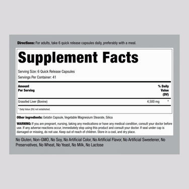 Grass Fed Beef Liver, 4500 mg (per serving), 250 Quick Release Capsules