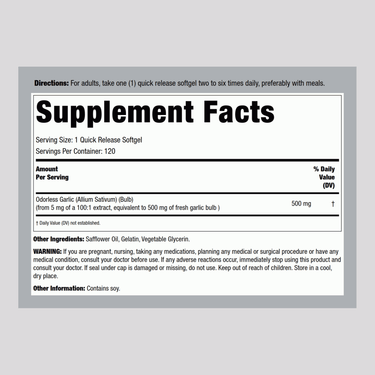Odorless Garlic, 500 mg, 120 Quick Release Softgels