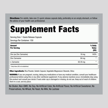 Zinc Carnosine, 84 mg, 150 Quick Release Capsules