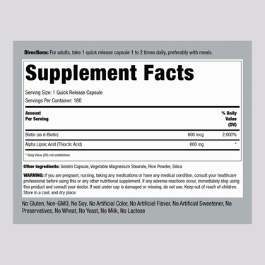 Alpha Lipoic Acid, 600 mg, 180 Quick Release Capsules