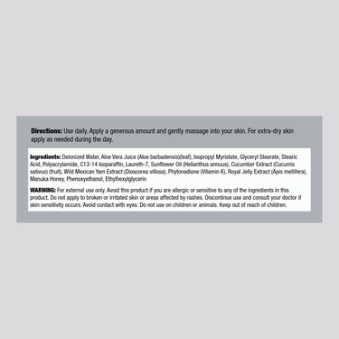 Image of the Supplement Facts panel for Aloe Vera Moist Cream, displaying ingredients and nutritional information for the 4 OZ product.