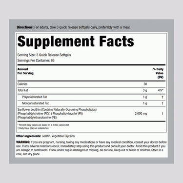Sunflower Lecithin, 3600 mg (per serving), 200 Quick Release Softgels